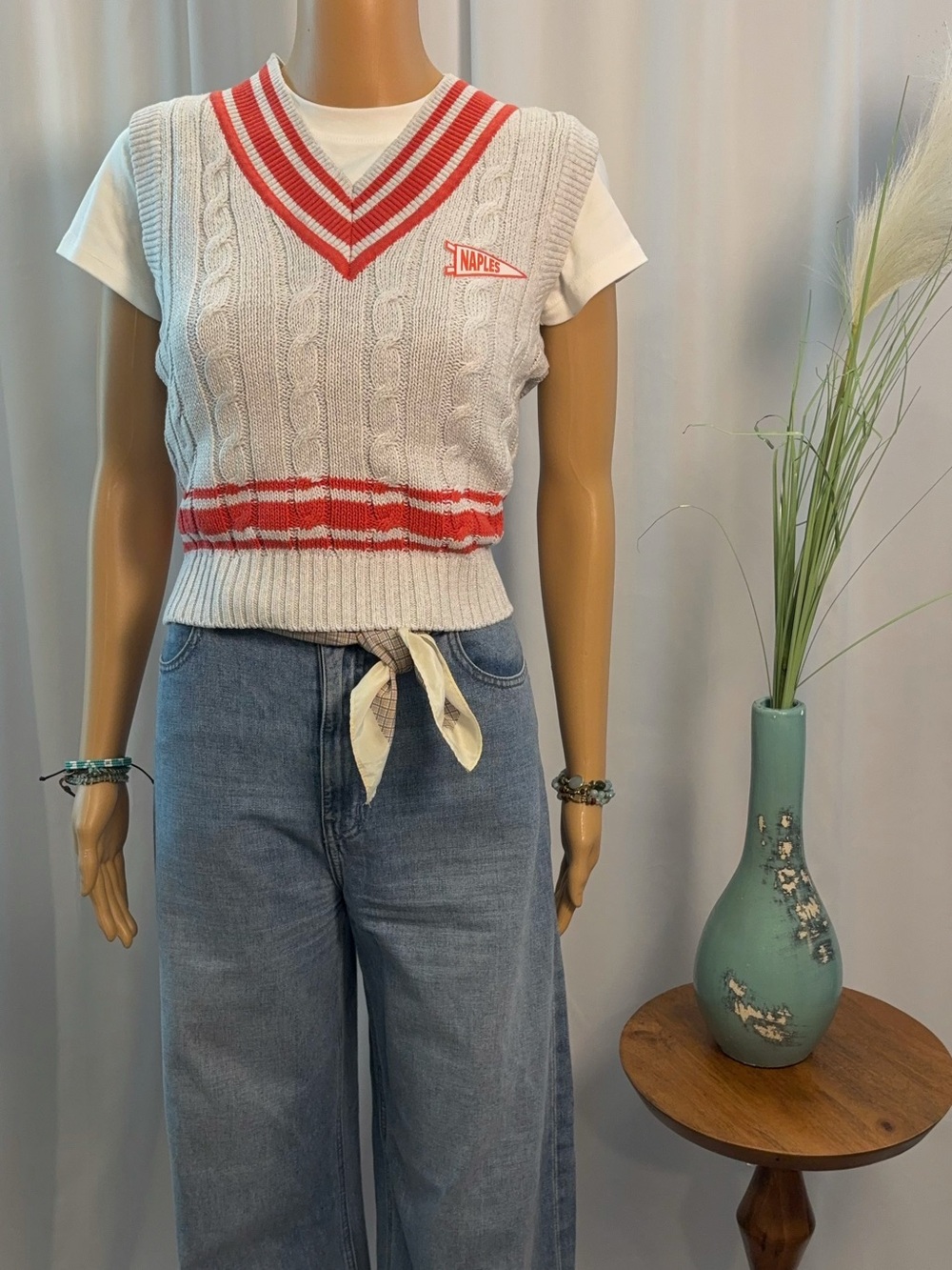 NWT Fairweather Resort "Naples" Cable Knit Sweater Vest — Ash/Coral — Size M